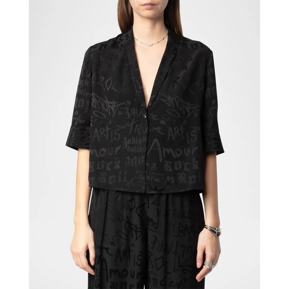 Zadig & Voltaire Telmos Silk Manifesto Blouse Size XS NWOT Black Luxury Monogram